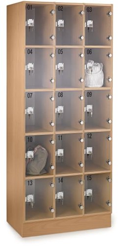 Armoire pour sacs avec compartiment XL, 15 compartiments XL, porte vitrée, décor 1