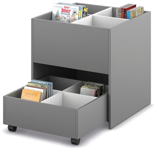 Prentenboekenbak 4/4 met lade - B680 x D680 x H740 mm - donkergrijs-wit