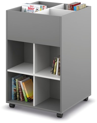 Prentenboekenbak 4/8 verrijdbaar - B680 x D680 x H1017 mm - donkergrijs-wit