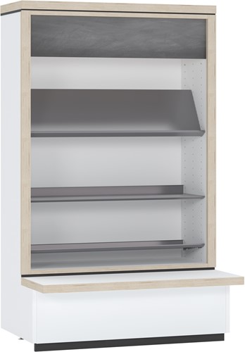 Flexus wandboekenkast met presentatieschap en houten legborden - aanbouwsectie laag
