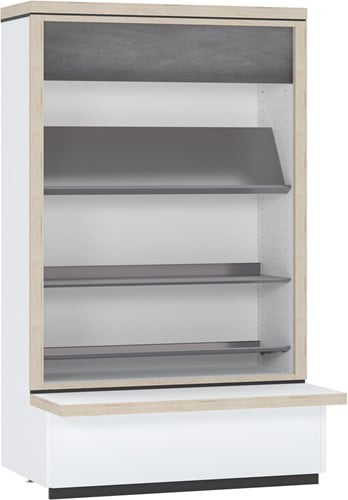 Flexus wandboekenkast met presentatieschap en metalen legborden - aanbouwsectie laag