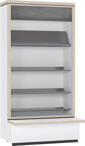Flexus wandboekenkast met presentatieschap en metalen legborden - aanbouwsectie medium