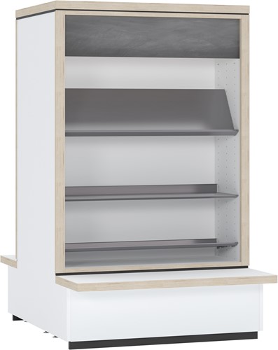 Flexus dubbelzijdige boekenkast met presentatieschap en metalen legborden - startsectie laag