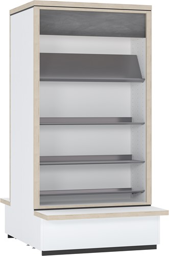 Flexus dubbelzijdige boekenkast met presentatieschap en houten legborden - aanbouwsectie medium