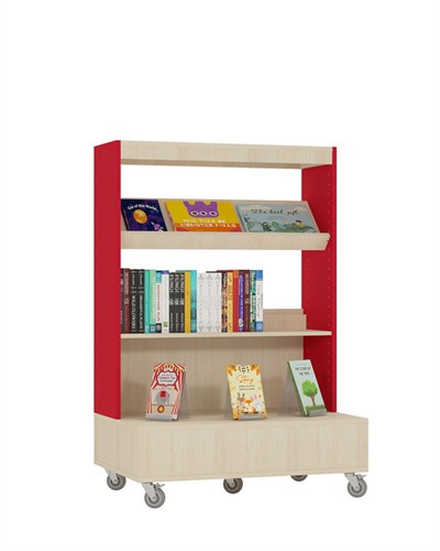 Foxis boekenkast enkelzijdig verrijdbaar - B900 x D600 x H1340 mm - ahorn-rood