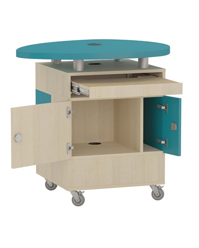 Bureau de prêt en forme de plectre Foxis B600 - Dessus Ø950 x P600 x H920 mm - Érable-bleu turquoise-2