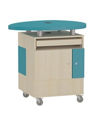 Bureau de prêt en forme de plectre Foxis B600 - Dessus Ø950 x P600 x H920 mm - Érable-bleu turquoise